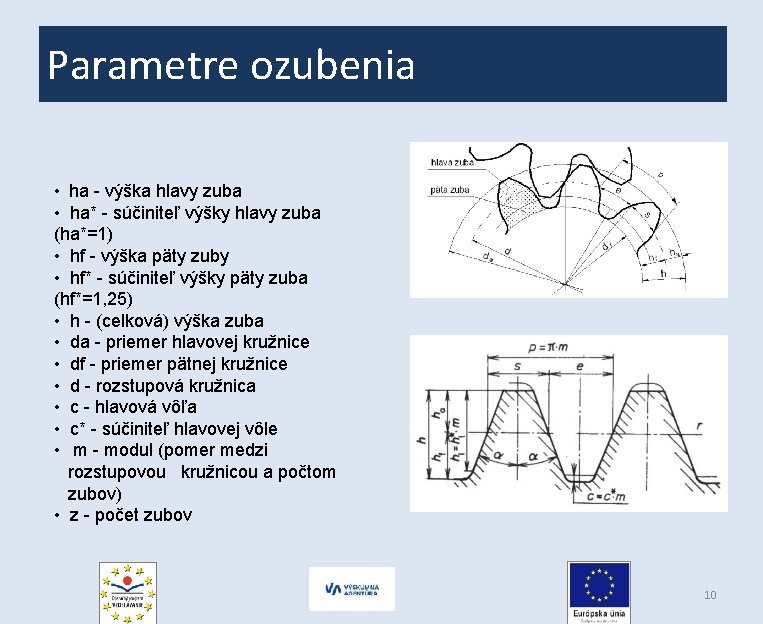 Parametre ozubenia • ha - výška hlavy zuba • ha* - súčiniteľ výšky hlavy