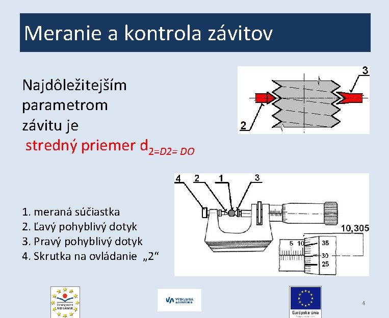 Meranie a kontrola závitov Najdôležitejším parametrom závitu je stredný priemer d 2=D 2= DO