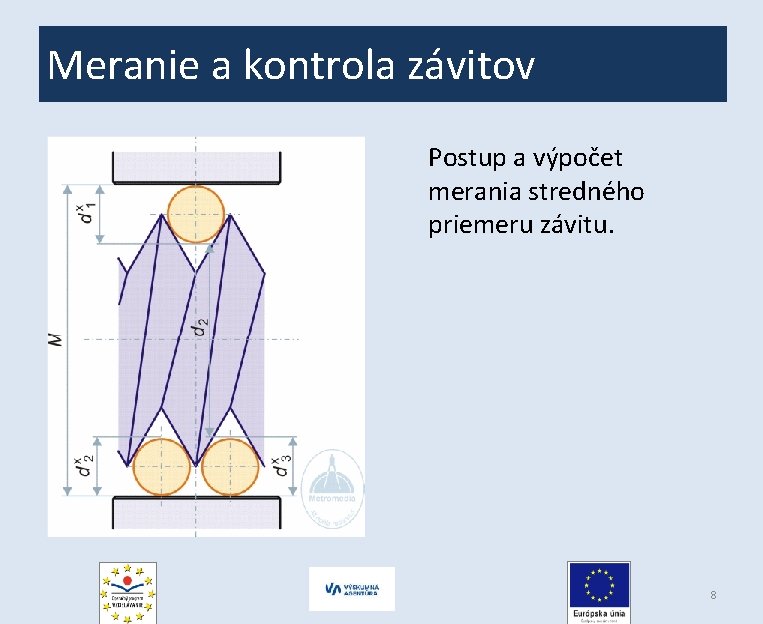 Meranie a kontrola závitov Postup a výpočet merania stredného priemeru závitu. 8 