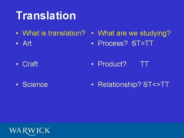 Translation • What is translation? • What are we studying? • Art • Process?