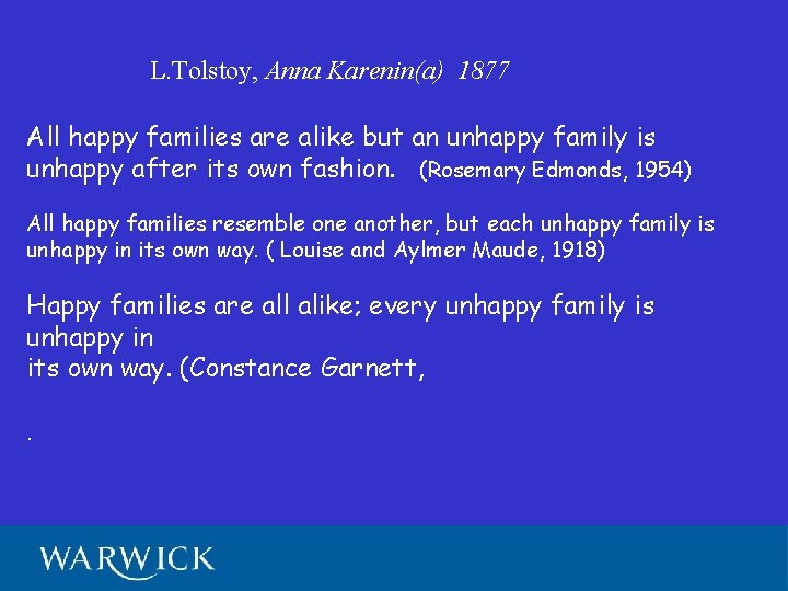 L. Tolstoy, Anna Karenin(a) 1877 All happy families are alike but an unhappy family