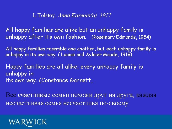 L. Tolstoy, Anna Karenin(a) 1877 All happy families are alike but an unhappy family