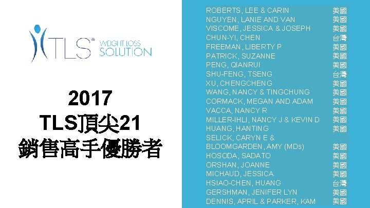 2017 TLS頂尖 21 銷售高手優勝者 ROBERTS, LEE & CARIN NGUYEN, LANIE AND VAN VISCOME, JESSICA