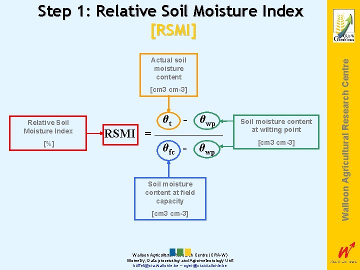 Actual soil moisture content [cm 3 cm-3] Relative Soil Moisture Index [%] RSMI =