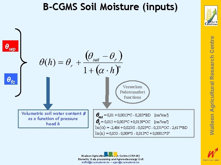 θwp θfc Vereecken Pedotransfert functions Volumetric soil water content as a function of pressure