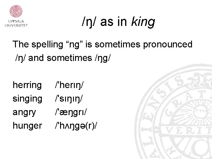 /ŋ/ as in king The spelling “ng” is sometimes pronounced /ŋ/ and sometimes /ŋg/