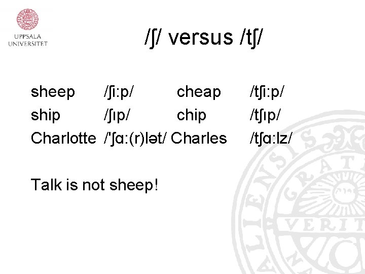 /ʃ/ versus /tʃ/ sheep /ʃi: p/ cheap ship /ʃıp/ chip Charlotte /'ʃɑ: (r)lət/ Charles