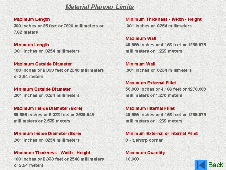 Material Planner Limits Maximum Length 300 inches or 25 feet or 7620 millimeters or