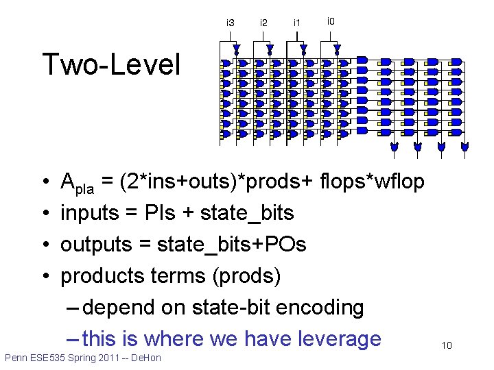 Two-Level • • Apla = (2*ins+outs)*prods+ flops*wflop inputs = PIs + state_bits outputs =