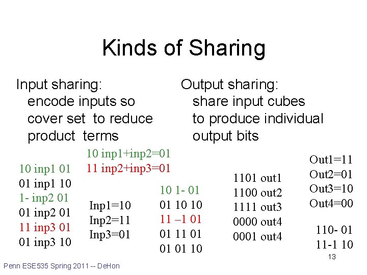 Kinds of Sharing Input sharing: encode inputs so cover set to reduce product terms