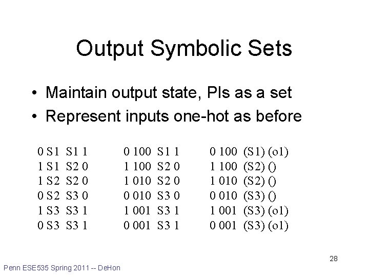 Output Symbolic Sets • Maintain output state, PIs as a set • Represent inputs