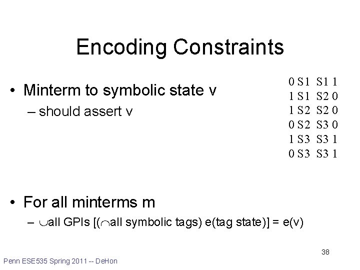 Encoding Constraints • Minterm to symbolic state v – should assert v 0 S