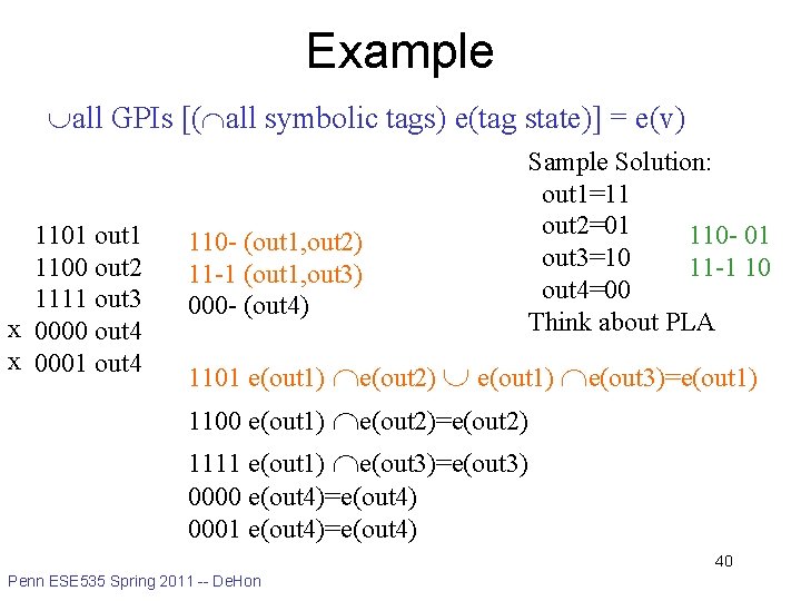 Example all GPIs [( all symbolic tags) e(tag state)] = e(v) 1101 out 1