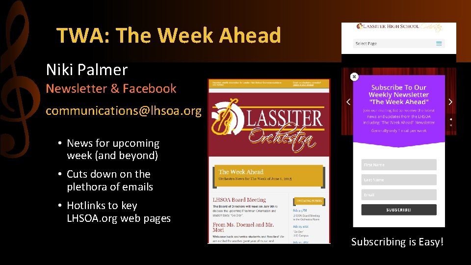 TWA: The Week Ahead Niki Palmer Newsletter & Facebook communications@lhsoa. org • News for