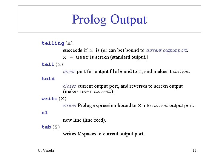 Prolog Output telling(X) succeeds if X is (or can be) bound to current output