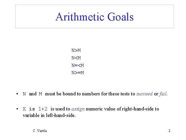 Arithmetic Goals N>M N<M N=<M N>=M • N and M must be bound to
