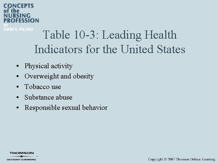 Table 10 -3: Leading Health Indicators for the United States • • • Physical