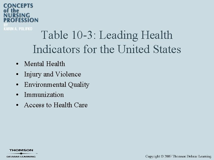 Table 10 -3: Leading Health Indicators for the United States • • • Mental