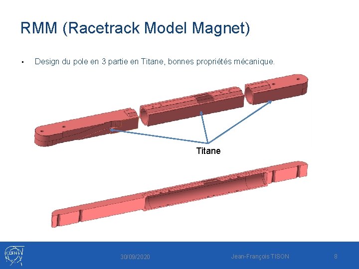 RMM (Racetrack Model Magnet) • Design du pole en 3 partie en Titane, bonnes