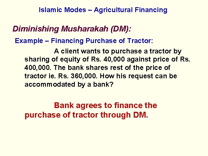 Islamic Modes – Agricultural Financing Diminishing Musharakah (DM): Example – Financing Purchase of Tractor: