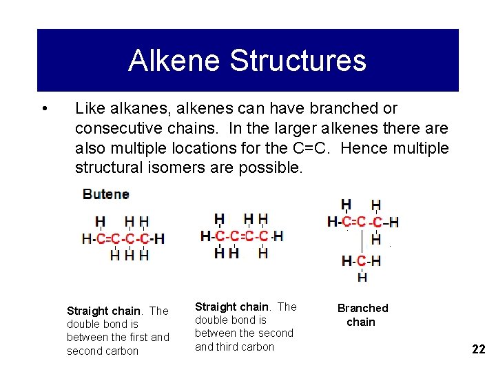 Alkene Structures • Like alkanes, alkenes can have branched or consecutive chains. In the