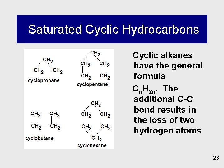  Saturated Cyclic Hydrocarbons Cyclic alkanes have the general formula Cn. H 2 n.