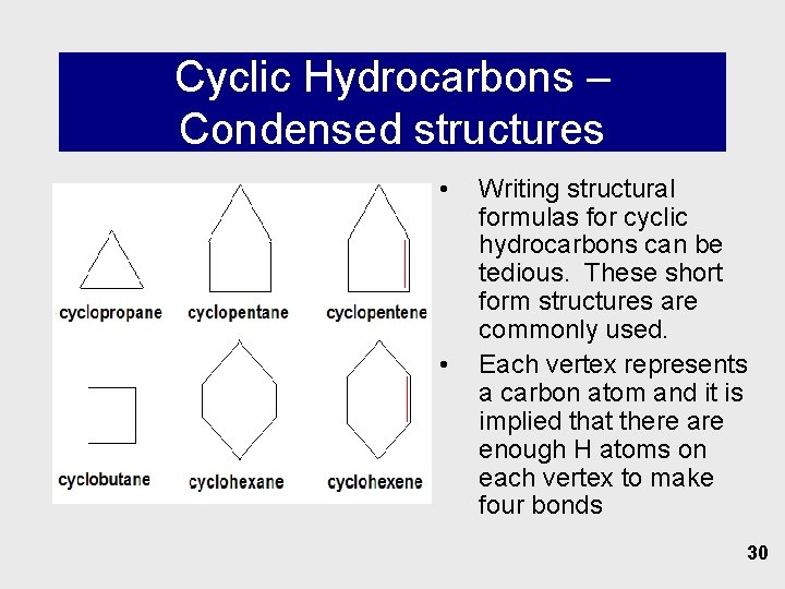 Cyclic Hydrocarbons – Condensed structures • • Writing structural formulas for cyclic hydrocarbons can