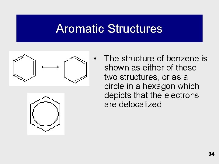 Aromatic Structures • The structure of benzene is shown as either of these two
