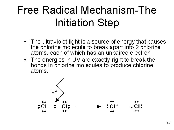 Free Radical Mechanism-The Initiation Step • The ultraviolet light is a source of energy