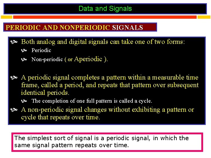 Data and Signals PERIODIC AND NONPERIODIC SIGNALS Both analog and digital signals can take