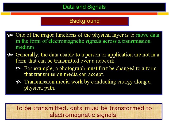 Data and Signals Background One of the major functions of the physical layer is