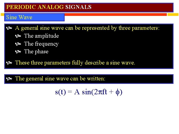 PERIODIC ANALOG SIGNALS Sine Wave A general sine wave can be represented by three