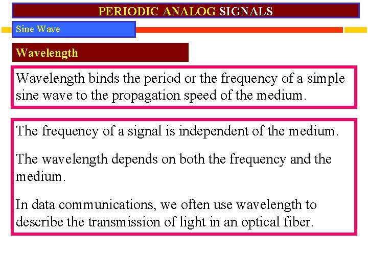 PERIODIC ANALOG SIGNALS Sine Wavelength binds the period or the frequency of a simple