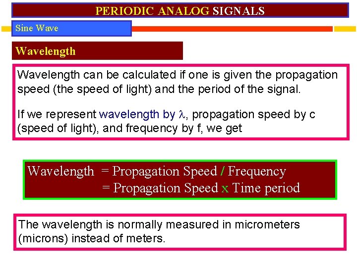 PERIODIC ANALOG SIGNALS Sine Wavelength can be calculated if one is given the propagation