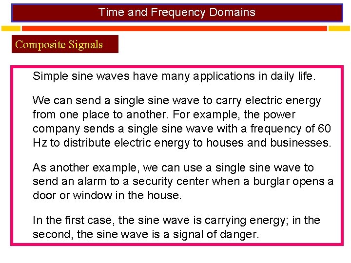 Time and Frequency Domains Composite Signals Simple sine waves have many applications in daily