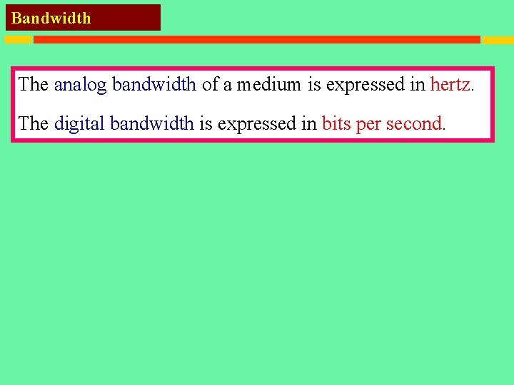 Bandwidth The analog bandwidth of a medium is expressed in hertz. The digital bandwidth