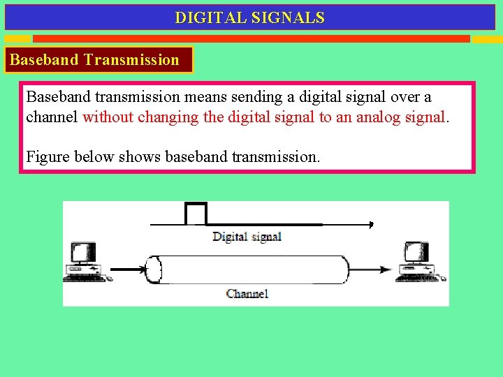 DIGITAL SIGNALS Baseband Transmission Baseband transmission means sending a digital signal over a channel