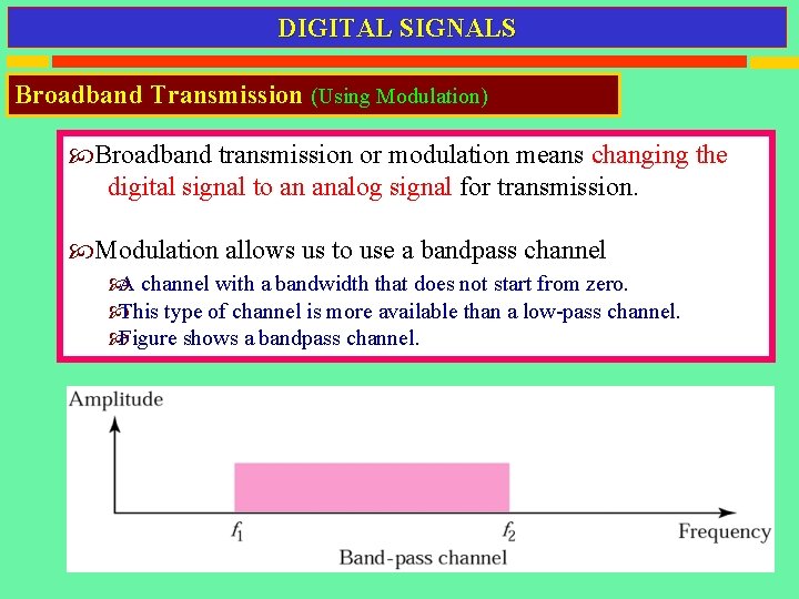 DIGITAL SIGNALS Broadband Transmission (Using Modulation) Broadband transmission or modulation means changing the digital