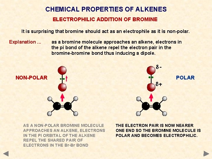 CHEMICAL PROPERTIES OF ALKENES ELECTROPHILIC ADDITION OF BROMINE It is surprising that bromine should