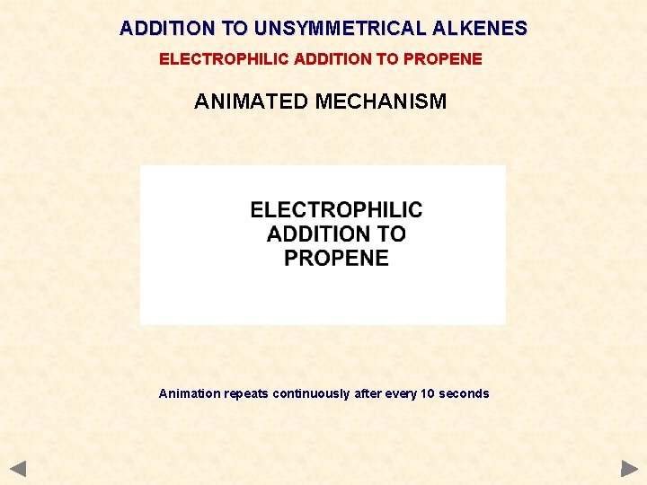 ADDITION TO UNSYMMETRICAL ALKENES ELECTROPHILIC ADDITION TO PROPENE ANIMATED MECHANISM Animation repeats continuously after