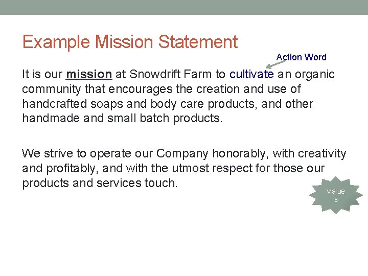Example Mission Statement Action Word It is our mission at Snowdrift Farm to cultivate