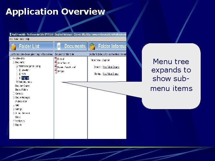 Application Overview Menu tree expands to show submenu items 