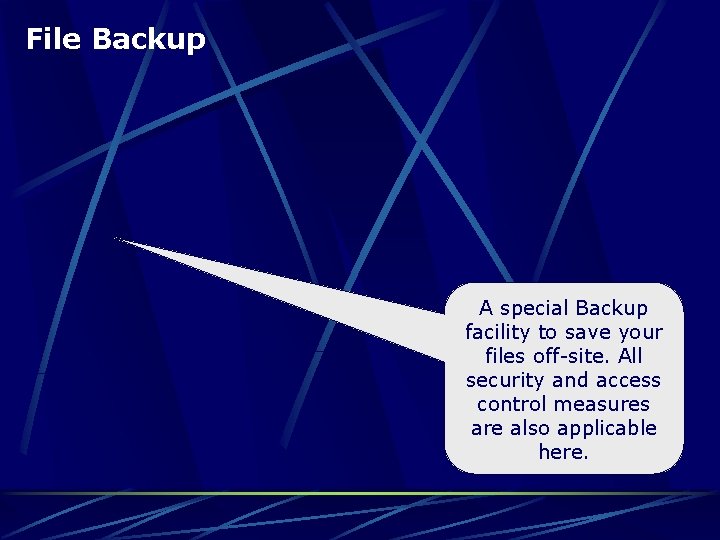 File Backup A special Backup facility to save your files off-site. All security and