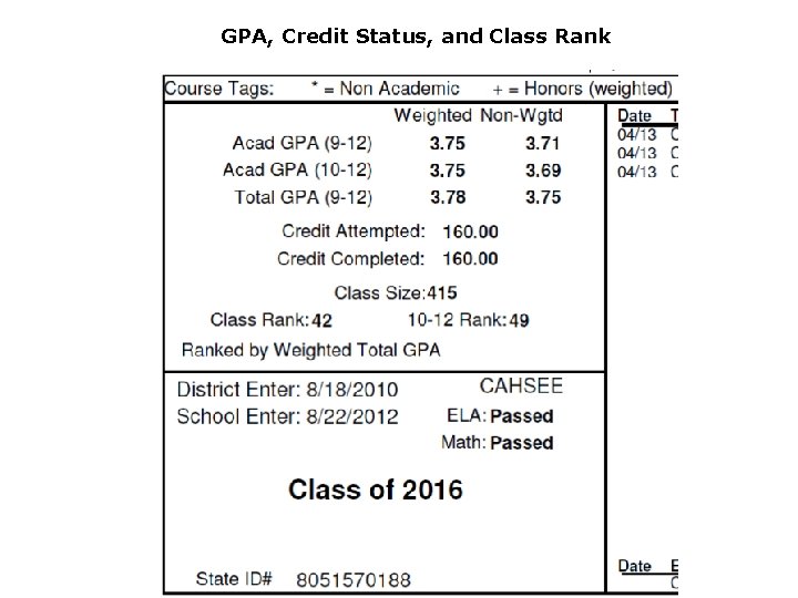 GPA, Credit Status, and Class Rank 