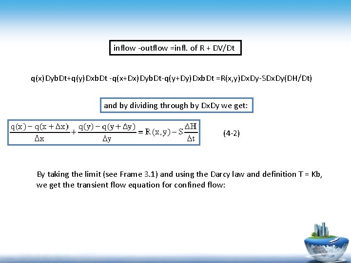 inflow -outflow =infl. of R + DV/Dt q(x)Dyb. Dt+q(y)Dxb. Dt -q(x+Dx)Dyb. Dt-q(y+Dy)Dxb. Dt =R(x,