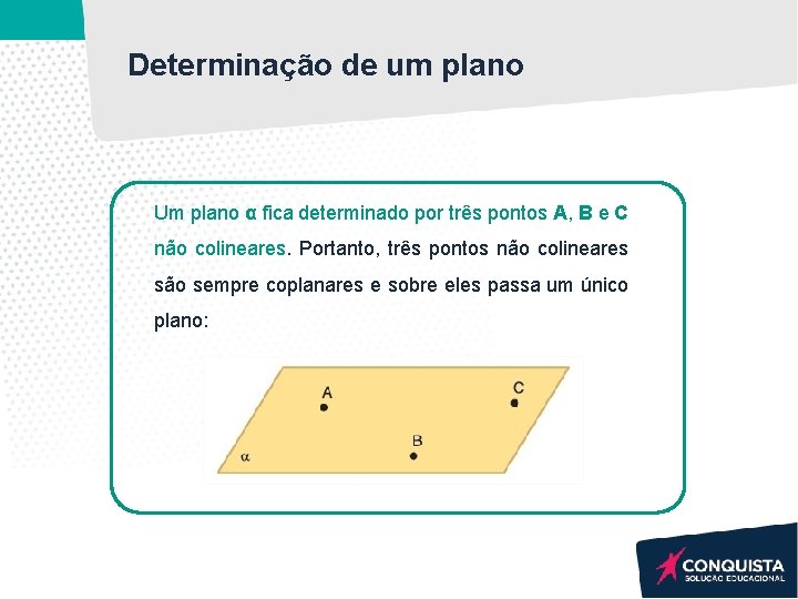 Determinação de um plano Um plano α fica determinado por três pontos A, B Determinação de um plano Um plano α fica determinado por três pontos A, B