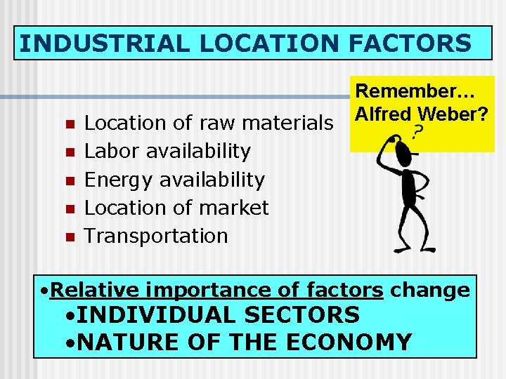 INDUSTRIAL LOCATION FACTORS n n n Location of raw materials Labor availability Energy availability
