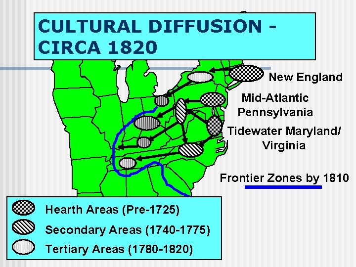 CULTURAL DIFFUSION CIRCA 1820 New England Mid-Atlantic Pennsylvania Tidewater Maryland/ Virginia Frontier Zones by
