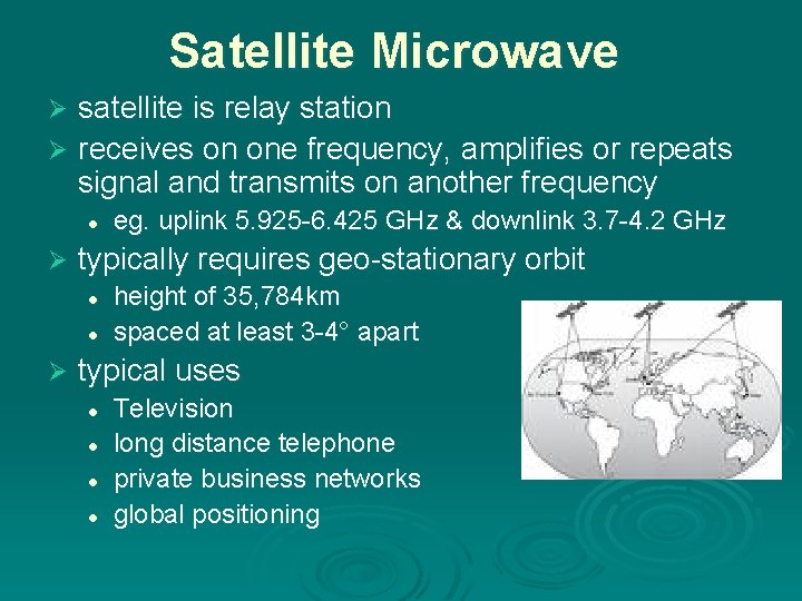 Satellite Microwave satellite is relay station Ø receives on one frequency, amplifies or repeats