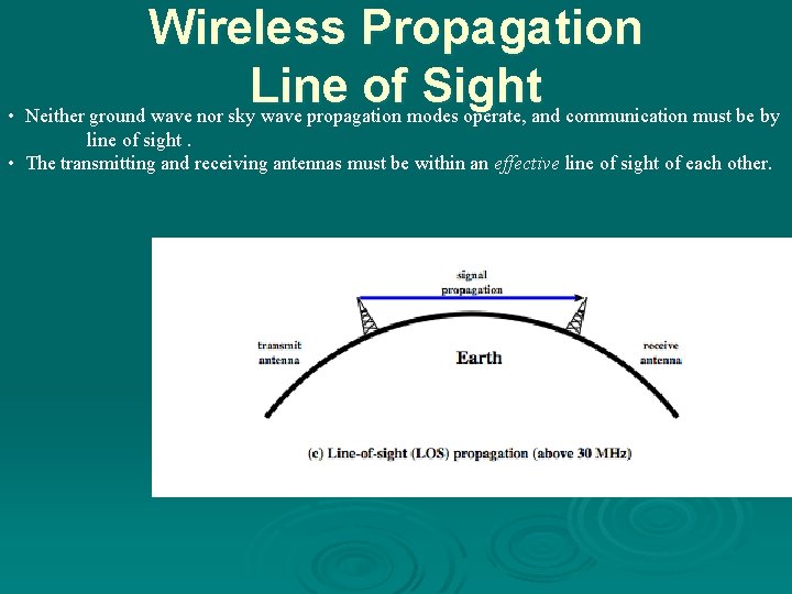 Wireless Propagation Line of Sight • Neither ground wave nor sky wave propagation modes